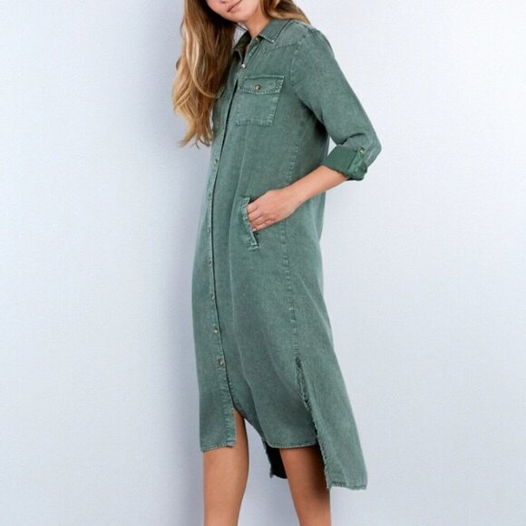 Billy T Women's Size S Pine Green City 2-way Collared Button Up Lyocell Dress - Picture 1 of 10